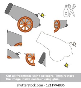 Use scissors and glue and restore the picture inside the contour. Easy educational paper game for kids. Simple kid application with Pirate Gun