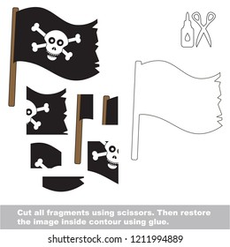 Use scissors and glue and restore the picture inside the contour. Easy educational paper game for kids. Simple kid application with Pirate Black Flag