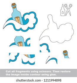 Use scissors and glue and restore the picture inside the contour. Easy educational paper game for kids. Simple kid application with Letter in a bottle