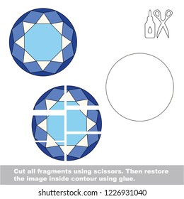 Use scissors and glue and restore the picture inside the contour. Easy educational paper game for kids. Simple kid application with Blue jewel stone
