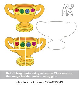 Use scissors and glue and restore the picture inside the contour. Easy educational paper game for kids. Simple kid application with Golden bowl trophy cup