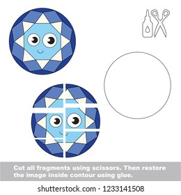 Use scissors and glue and restore the picture inside the contour. Easy educational paper game for kids. Simple kid application with blue jewel sapphire