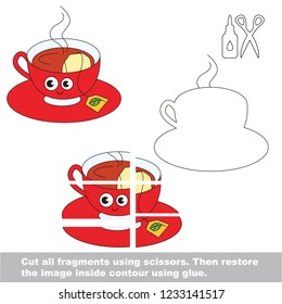 Use scissors and glue and restore the picture inside the contour. Easy educational paper game for kids. Simple kid application with Hot Tea Cup with tea bag