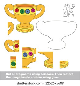 Use scissors and glue and restore the picture inside the contour. Easy educational paper game for kids. Simple kid application with Jewel golden cup