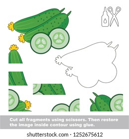 Use scissors and glue and restore the picture inside the contour. Easy educational paper game for kids. Simple kid application with Cucumber and slice bit