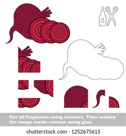 Use scissors and glue and restore the picture inside the contour. Easy educational paper game for kids. Simple kid application with Beet and slice bit
