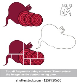 Use scissors and glue and restore the picture inside the contour. Easy educational paper game for kids. Simple kid application with Violet Beet Piece
