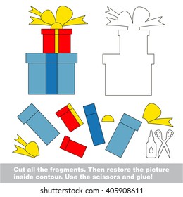 Use scissors and glue and restore the picture inside the contour. Paper game for kids. Simple kid application with the Gift