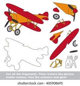 Use scissors and glue and restore the picture inside the contour. Paper game for kids. Simple kid application with Biplane
