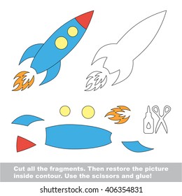 Use scissors and glue and restore the picture inside the contour. Paper game for kids. Simple kid application with Rocket