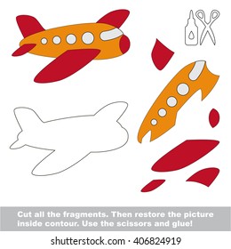 Use scissors and glue and restore the picture inside the contour. Paper game for kids. Simple kid application with Airplane