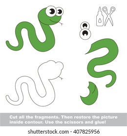 Use scissors and glue and restore the picture inside the contour. Paper game for kids. Simple kid application with Green Snake