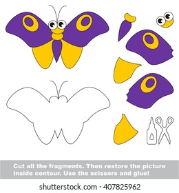 Use scissors and glue and restore the picture inside the contour. Paper game for kids. Simple kid application with Violet Butterfly