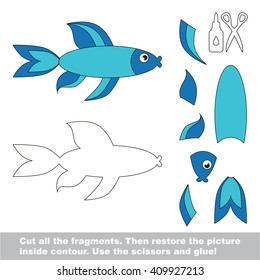 Use scissors and glue and restore the picture inside the contour. Paper game for kids. Simple kid application with Blue Fish
