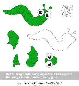Use tijeras y pegado y restaure la imagen dentro del contorno. Juego de papel para niños. El nivel fácil. Aplicación simple para niños con oruga verde.
