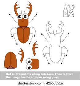 Use scissors and glue and restore the picture inside the contour. Easy paper game for kids. Simple kid application with funny bug.
