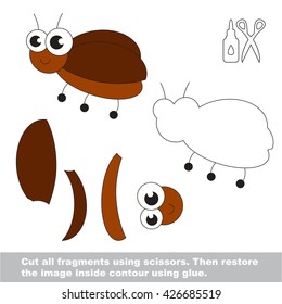 Use scissors and glue and restore the picture inside the contour. Easy paper game for kids. Simple kid application with the little bug.