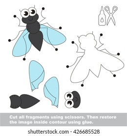 Use scissors and glue and restore the picture inside the contour. Easy paper game for kids. Simple kid application with the cute fly.