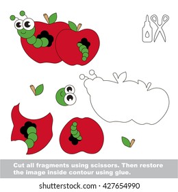 Use scissors and glue and restore the picture inside the contour. Easy educational paper game for kids. Simple kid application with Apple worm.