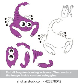 Use scissors and glue and restore the picture inside the contour. Easy educational paper game for kids. Simple kid application with Scorpion.