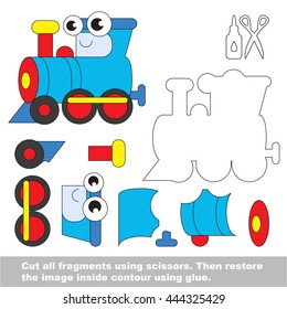 Use scissors and glue and restore the picture inside the contour. Easy educational paper game for kids. Simple kid application with Blue Locomotive.