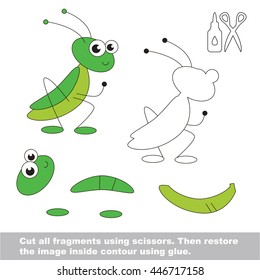 Use scissors and glue and restore the picture inside the contour. Easy educational paper game for kids. Simple kid application with Grasshopper