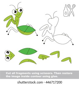 Use scissors and glue and restore the picture inside the contour. Easy educational paper game for kids. Simple kid application with Mantis