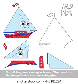 Use scissors and glue and restore the picture inside the contour. Easy educational paper game for kids. Simple kid application with Toy Yacht.