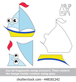 Use scissors and glue and restore the picture inside the contour. Easy educational paper game for kids. Simple kid application with Toy Boat.