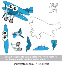 Use scissors and glue and restore the picture inside the contour. Easy educational paper game for kids. Simple kid application with Toy Biplane.