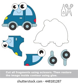 Use scissors and glue and restore the picture inside the contour. Easy educational paper game for kids. Simple kid application with Toy Car.
