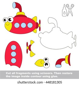 Use scissors and glue and restore the picture inside the contour. Easy educational paper game for kids. Simple kid application with Toy Submarine.