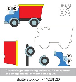 Use scissors and glue and restore the picture inside the contour. Easy educational paper game for kids. Simple kid application with Toy Lorry.