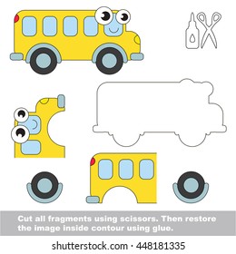 Use scissors and glue and restore the picture inside the contour. Easy educational paper game for kids. Simple kid application with Toy Bus.