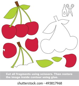 Use scissors and glue and restore the picture inside the contour. Easy educational paper game for kids. Simple kid application with Three Red Cherries