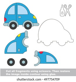 Use scissors and glue and restore the picture inside the contour. Easy educational paper game for kids. Simple kid application with Car