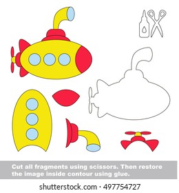 Use scissors and glue and restore the picture inside the contour. Easy educational paper game for kids. Simple kid application with Submarine