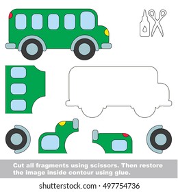 Use scissors and glue and restore the picture inside the contour. Easy educational paper game for kids. Simple kid application with Bus