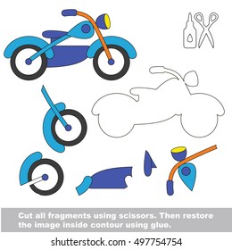 Use scissors and glue and restore the picture inside the contour. Easy educational paper game for kids. Simple kid application with Bike