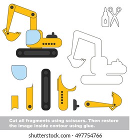 Use scissors and glue and restore the picture inside the contour. Easy educational paper game for kids. Simple kid application with Excavator