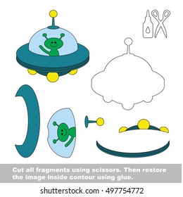 Use scissors and glue and restore the picture inside the contour. Easy educational paper game for kids. Simple kid application with Ufo