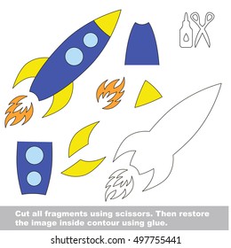 Use scissors and glue and restore the picture inside the contour. Easy educational paper game for kids. Simple kid application with Rocket