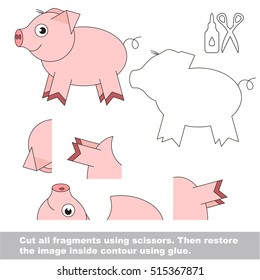 Use scissors and glue and restore the picture inside the contour. Easy educational paper game for kids. Simple kid application with Funny Piggy.