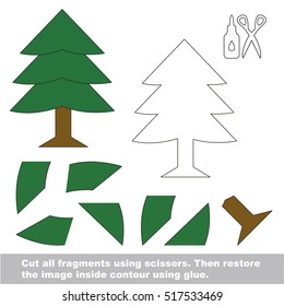 Use scissors and glue and restore the picture inside the contour. Easy educational paper game for kids. Simple kid application with Fur Evergreen Tree.