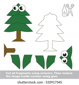 Use scissors and glue and restore the picture inside the contour. Easy educational paper game for kids. Simple kid application with Funny New Year Tree.