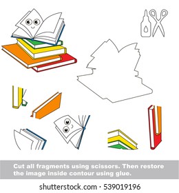 Use scissors and glue and restore the picture inside the contour. Easy educational paper game for kids. Simple kid application with Books