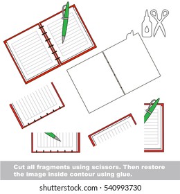 Use scissors and glue and restore the picture inside the contour. Easy educational paper game for kids. Simple kid application with Copybook.