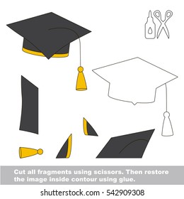 Use scissors and glue and restore the picture inside the contour. Easy educational paper game for kids. Simple kid application with Graduation Hat.