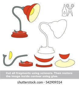 Use scissors and glue and restore the picture inside the contour. Easy educational paper game for kids. Simple kid application with Lamps.