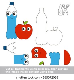 Use scissors and glue and restore the picture inside the contour. Easy educational paper game for kids. Simple kid application with Water and Apple